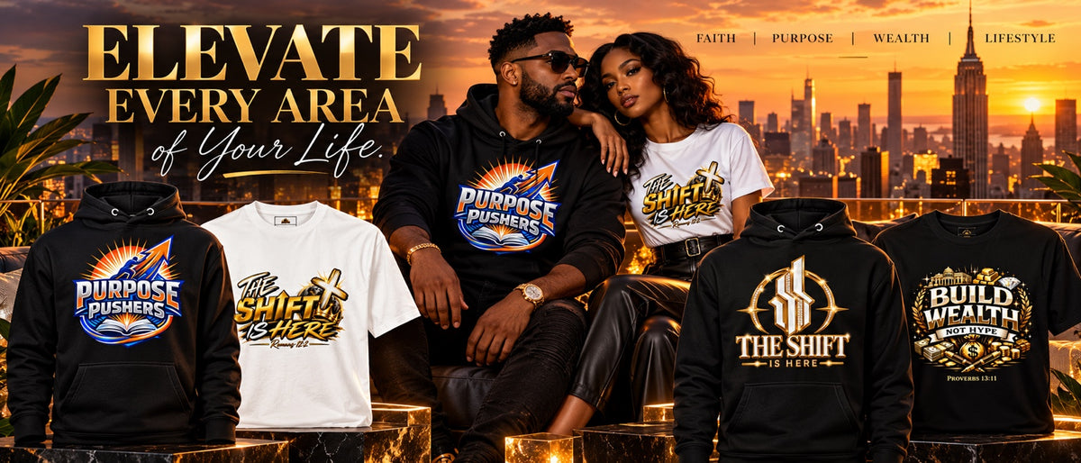 Glow Getters Global luxury streetwear banner with Purpose Pushers and The Shift Is Here apparel against a Manhattan sunset skyline